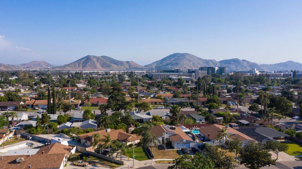 Daytime aerial view of the city center of Fontana