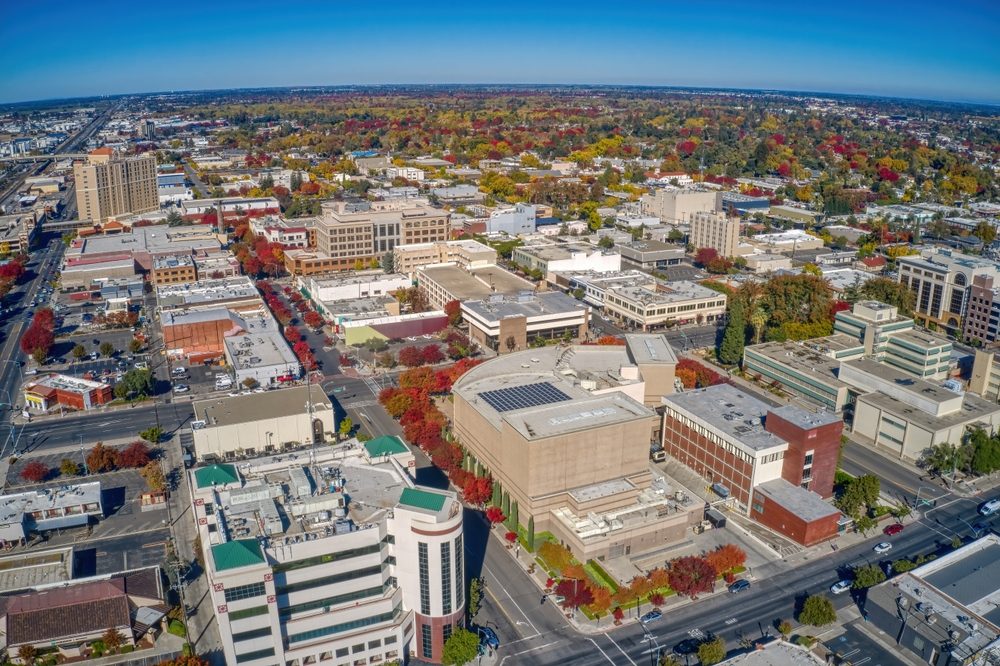 Aerial View of Downtown Modesto during Autumn