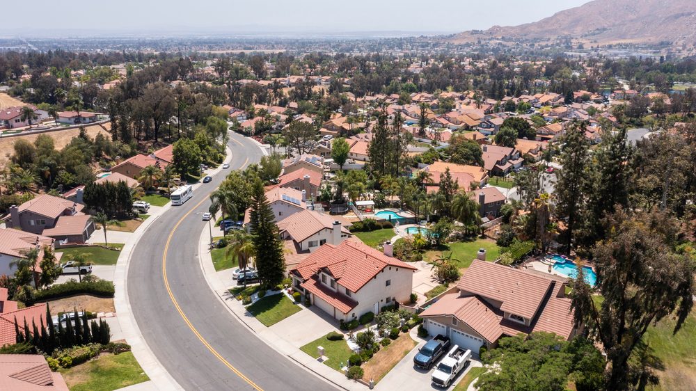 Daytime aerial view of a suburban neighborhood in Moreno Valley