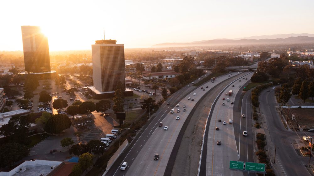 Sunset aerial view of the downtown skyline of Oxnard