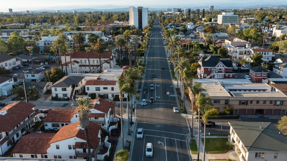 Sunset view of the historic core of downtown Santa Ana