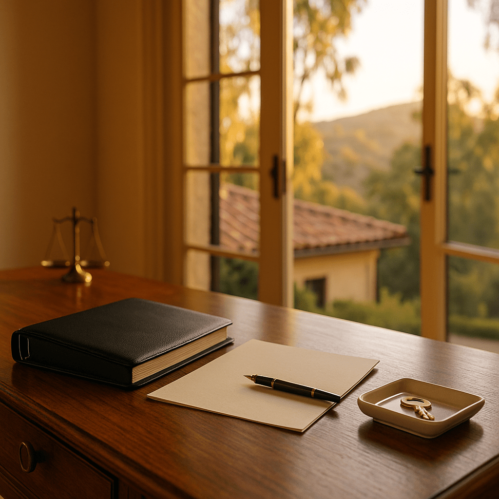 California Heggstad petition scene: closed trust binder, unsigned deed, brass house key on walnut console, golden-hour view of hillside