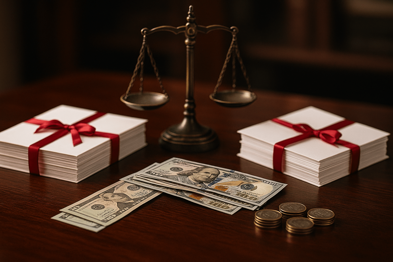 Estate cash advance vs. inheritance advance concept showing brass balance scale, ribbon-tied legal documents, and money on polished walnut desk.