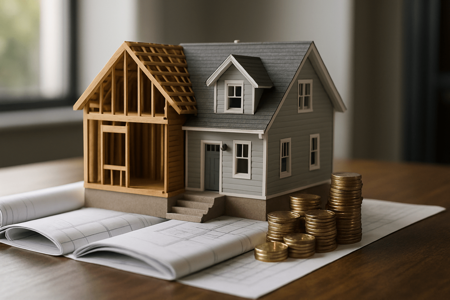 Estate loan for real estate investment depicted with half-renovated house model on rolled blueprints and neat coin stack in soft daylight