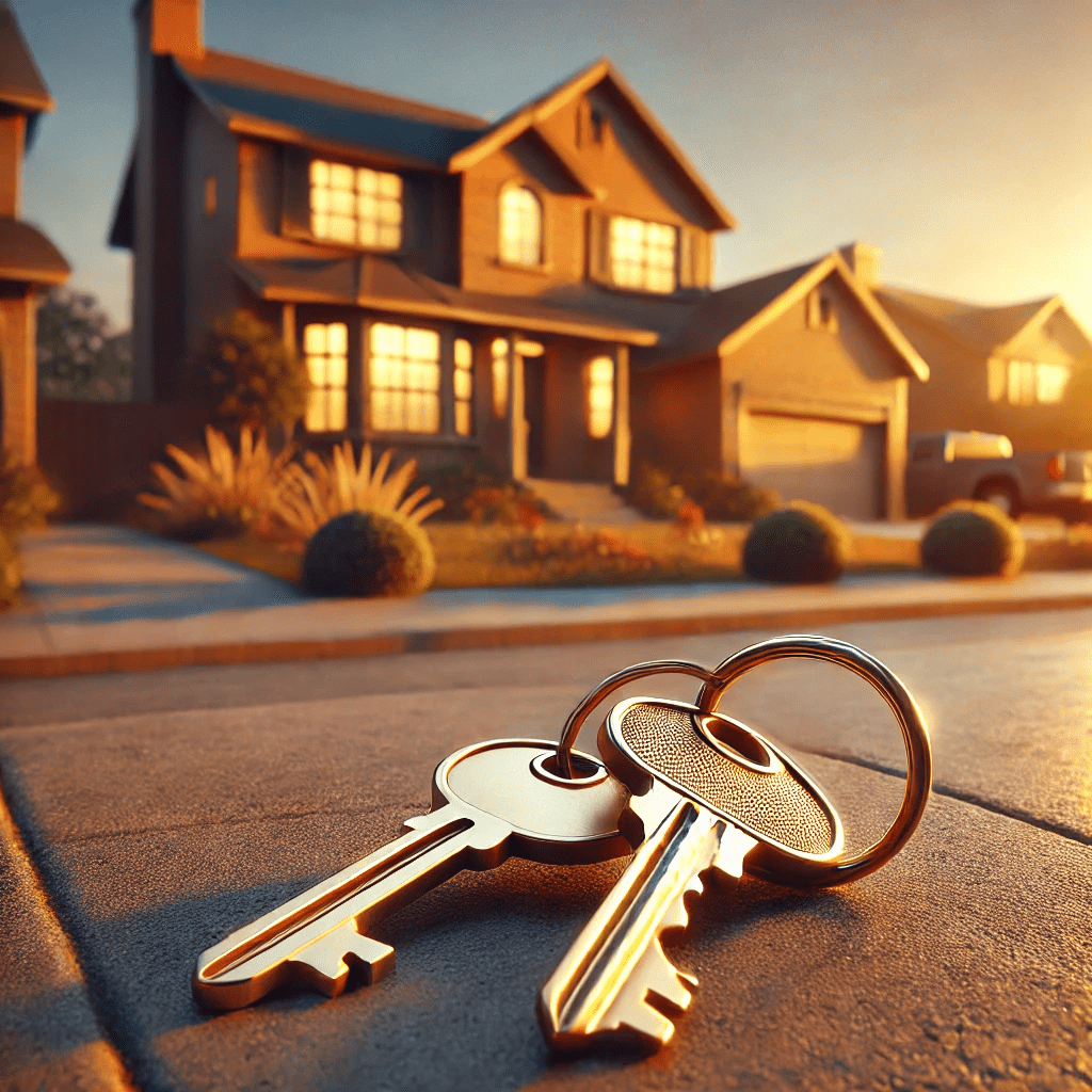 Vintage skeleton key and modern house key in front of suburban home showing estate loan versus traditional mortgage choice for heirs.