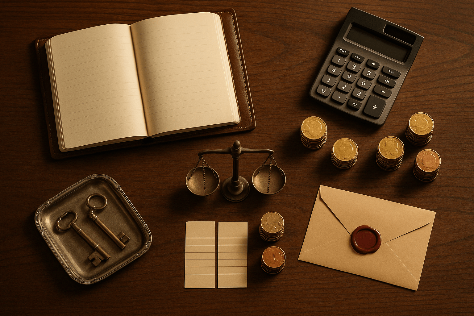 Executor reviewing estate loan options—overhead view of open leather ledger, keys, wax-sealed envelope, coins, and calculator on mahogany desk