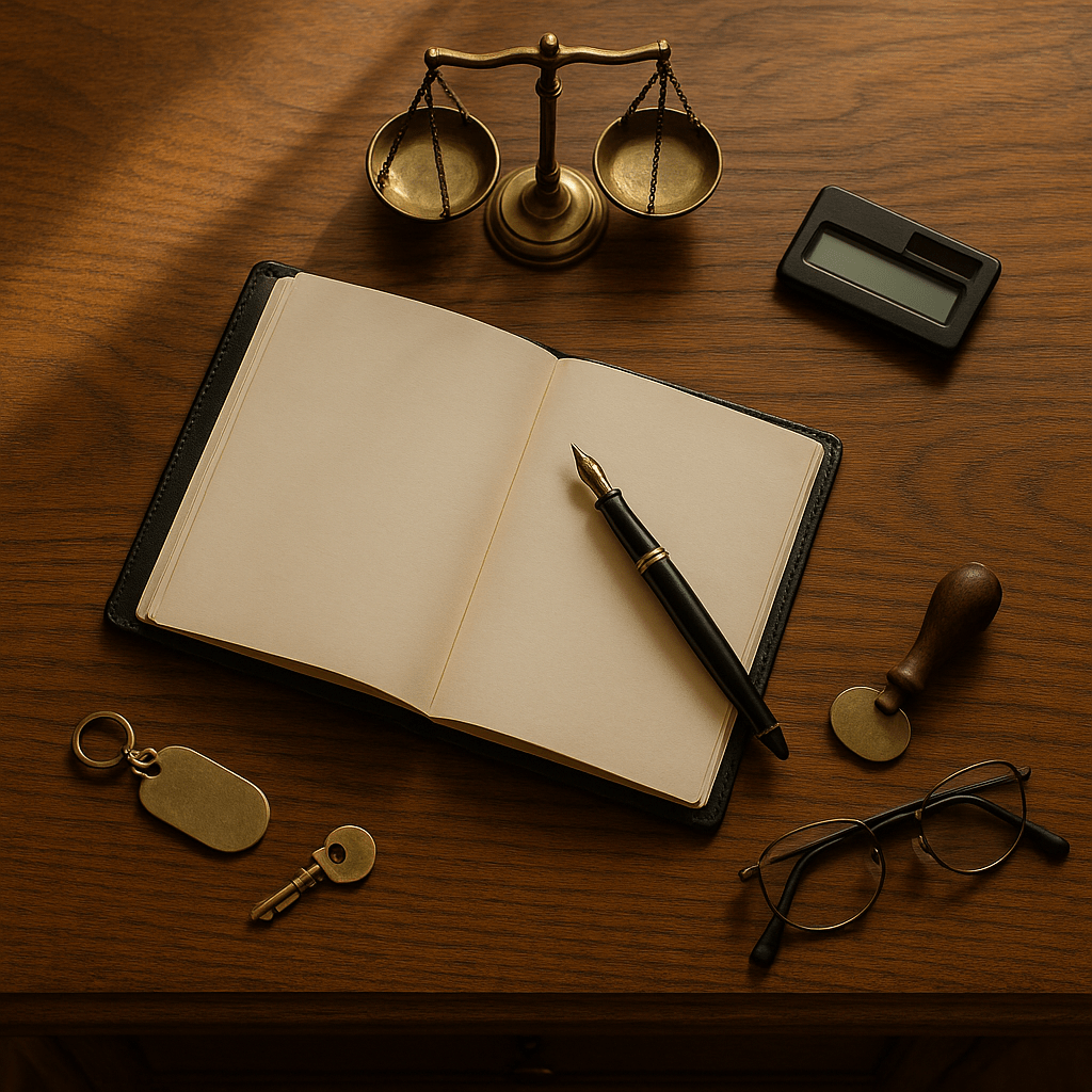 Executor best practice workspace. Open ledger, fountain pen, balance scale, brass key, glasses and calculator neatly arranged on oak desk