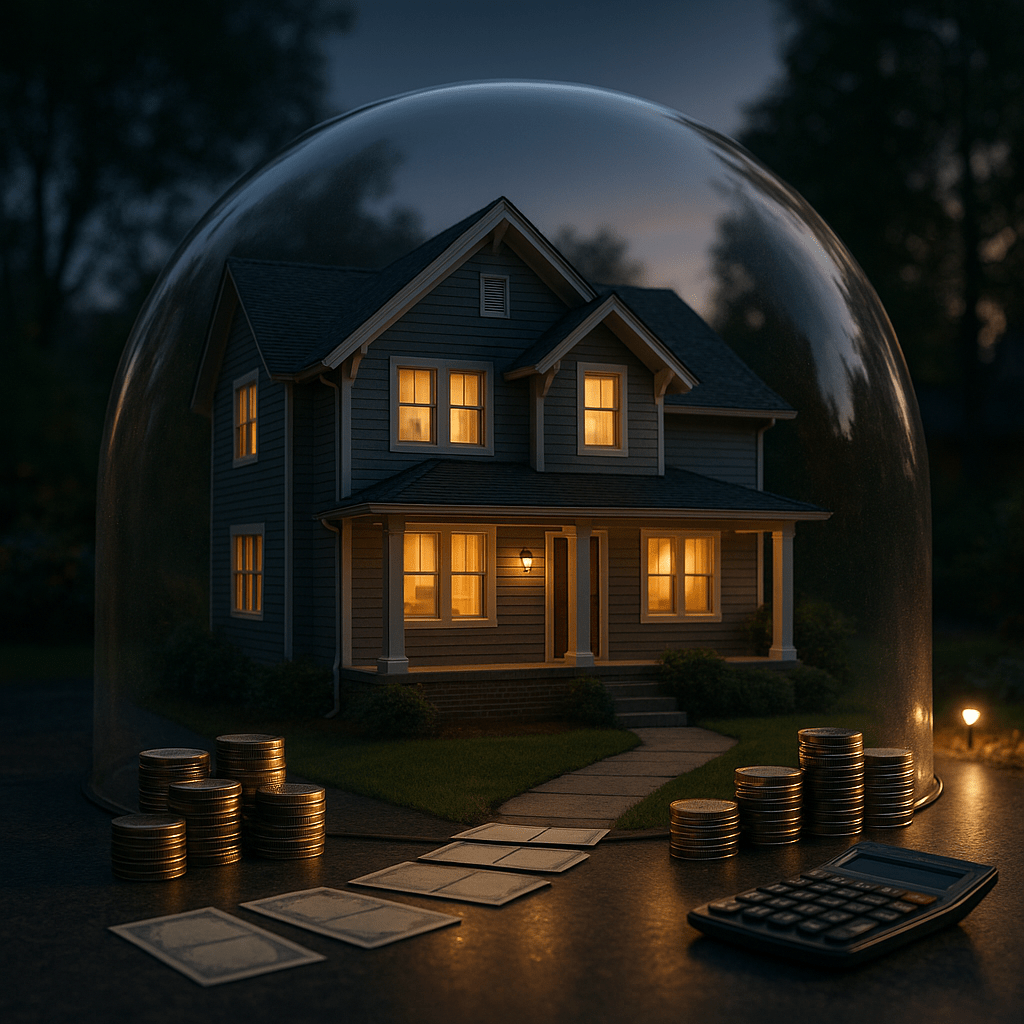Homestead exemption protection scene: warmly lit family home under clear dome at dusk, orderly coin stacks along walkway, inheritance advance theme