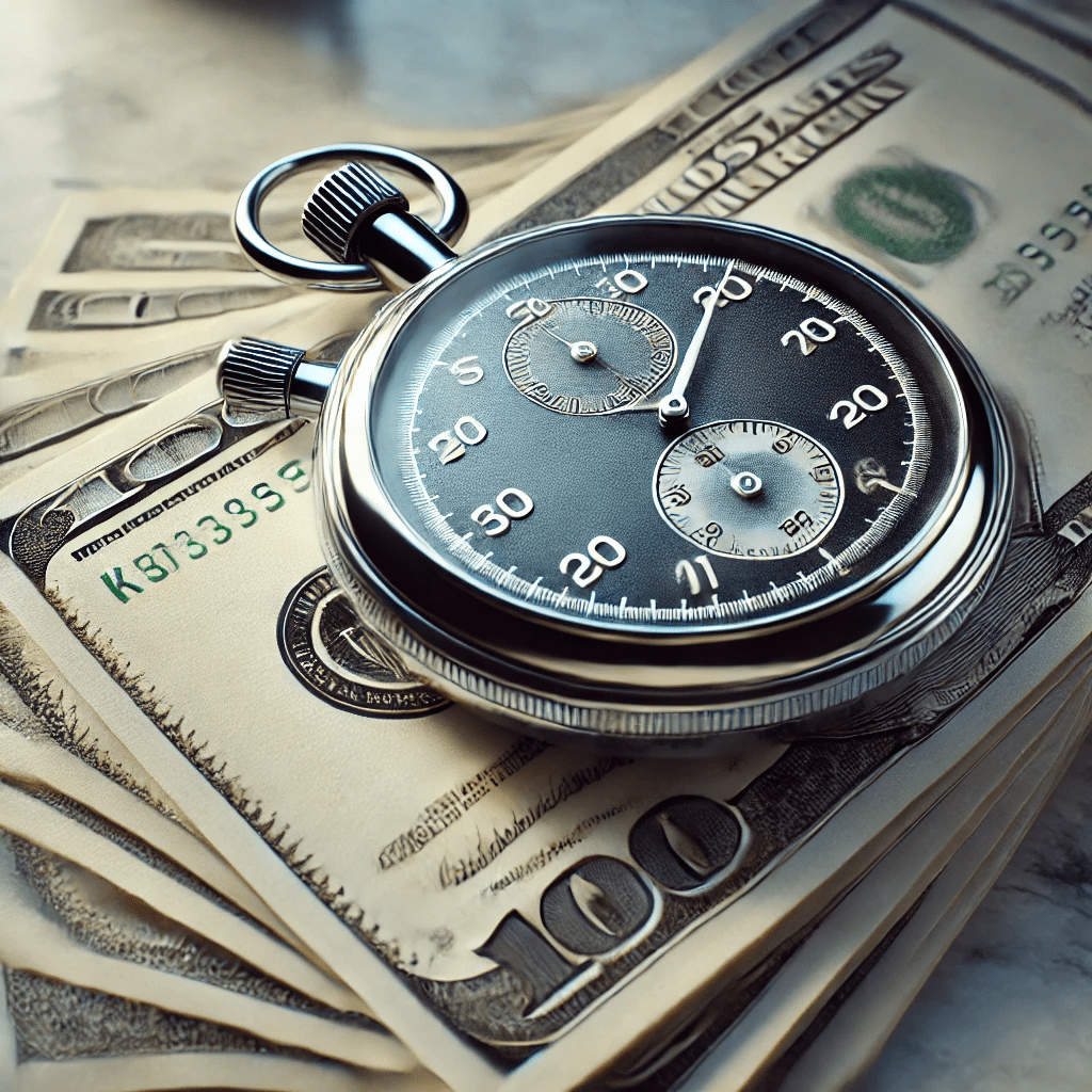 Stopwatch beside neat cash stack conveying how fast a probate or inheritance advance can fund.