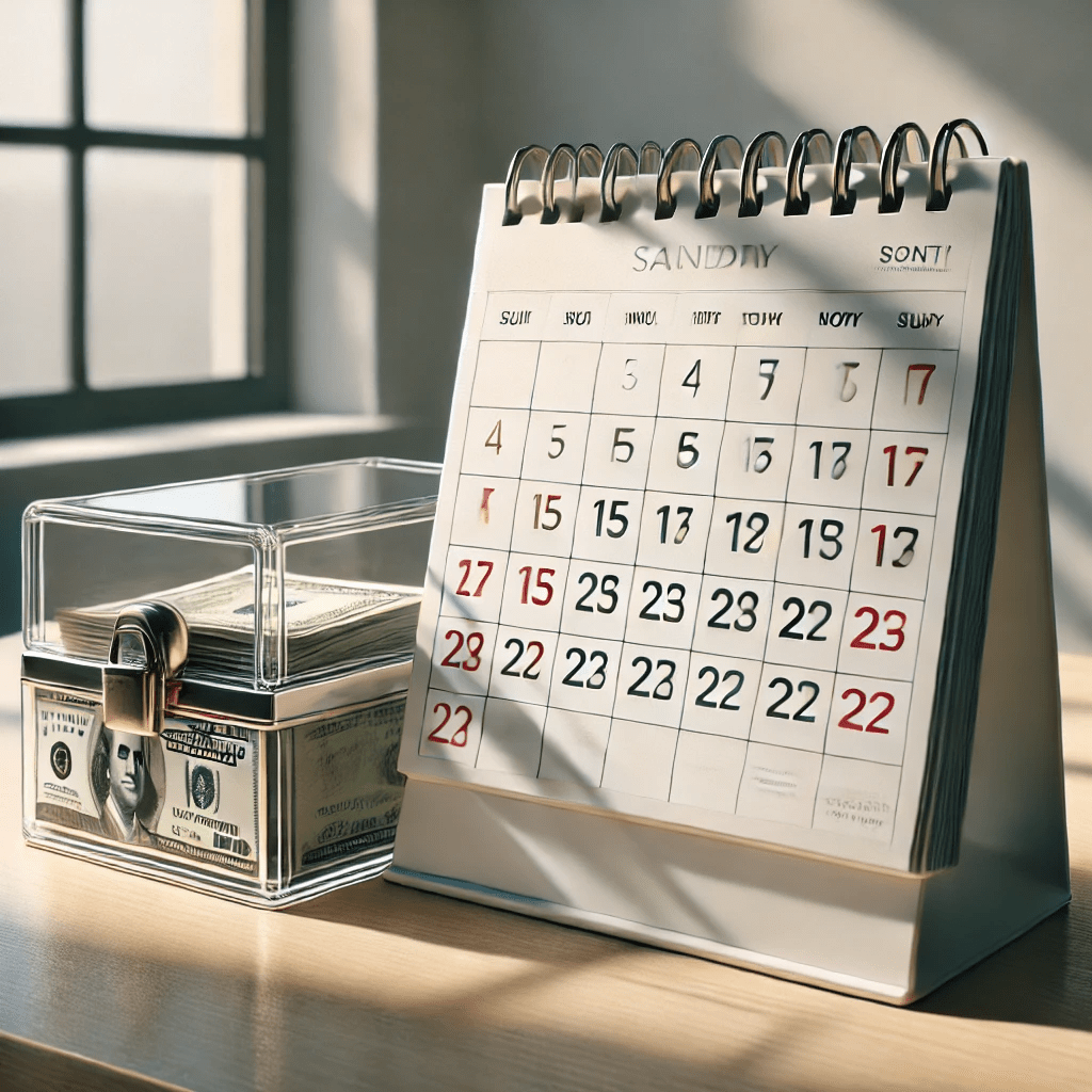 Locked transparent cash box next to blank desktop calendar reflecting how long it takes to receive an inheritance