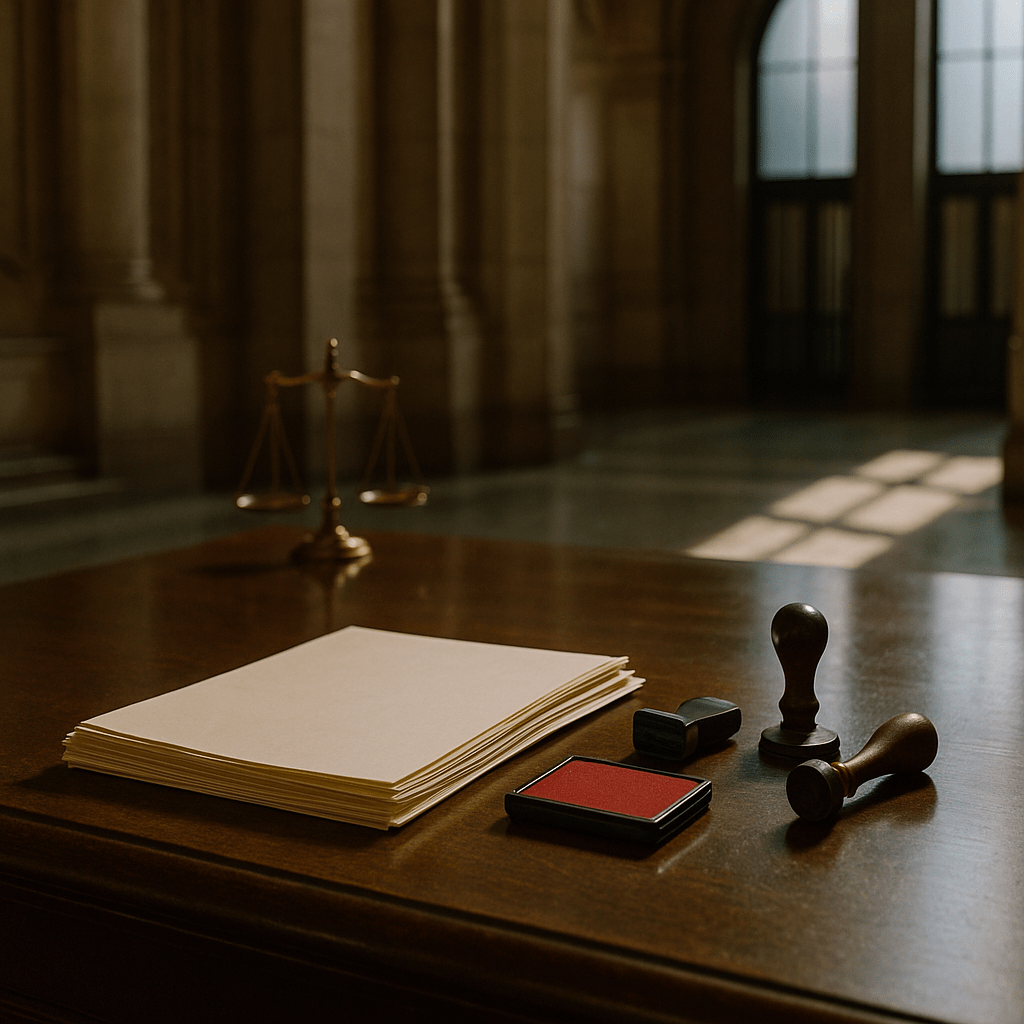 Probate petition forms, stamp pad, rubber stamps and brass scale on a sun-lit courthouse counter, showing tools to open probate efficiently
