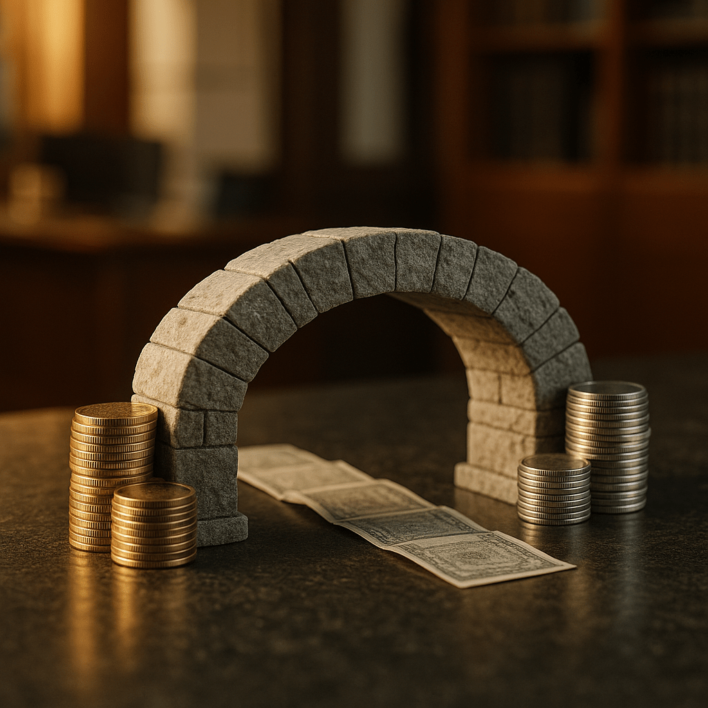 Immediate estate loan bridge illustrated by stone arch spanning stacked gold and silver coins on dark granite, symbolizing probate funding gap