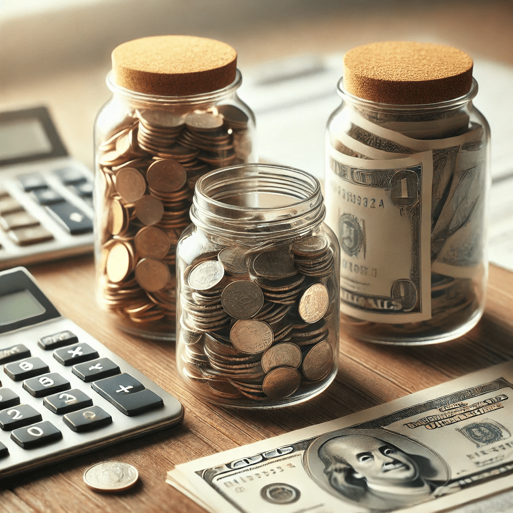 Three glass jars with different money levels and calculator illustrating inheritance advance vs probate loan vs personal loan costs.