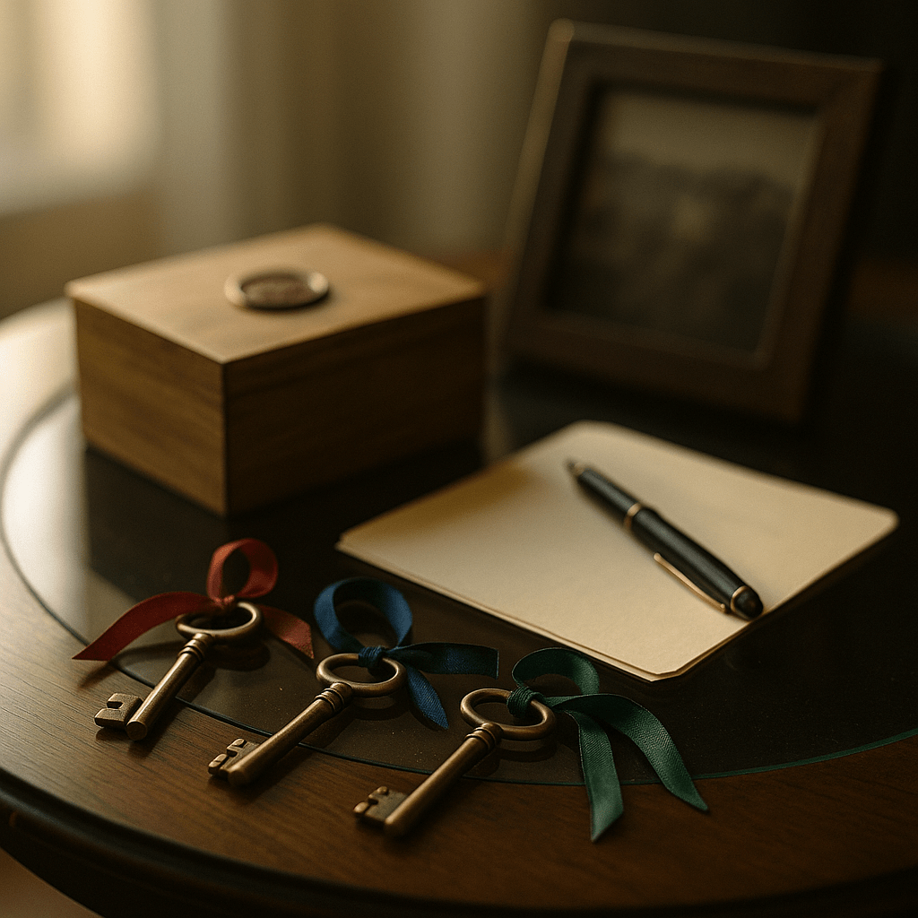 Inheritance rights symbolism: three ribbon-tied antique keys and wax-sealed keepsake box on smoked-glass table in warm afternoon light