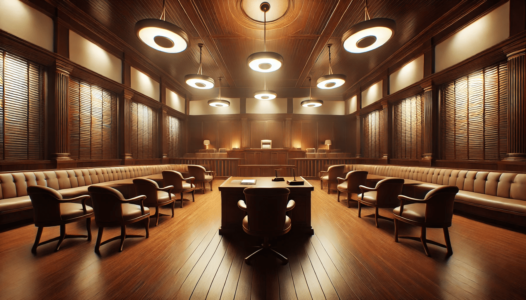 Empty courtroom with wooden benches and elevated judge’s bench illustrating what heirs and executors should expect at a probate hearing.