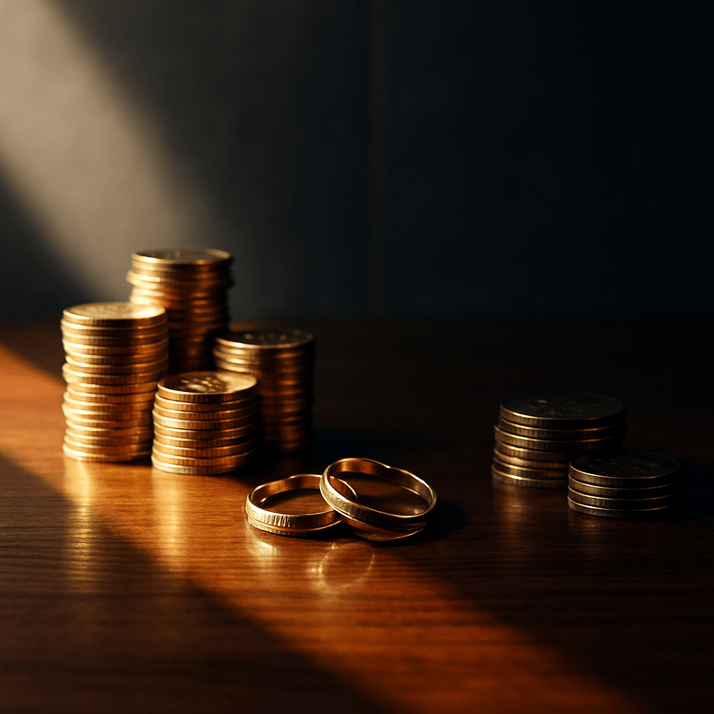Marital property concept. Diagonal light divides gold coin stacks, intertwined wedding bands straddle bright and shadowed halves of walnut tabletop