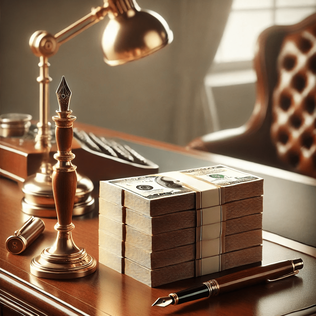 Stacks of cash on polished mahogany desk symbolizing a six-figure inheritance advance cash infusion