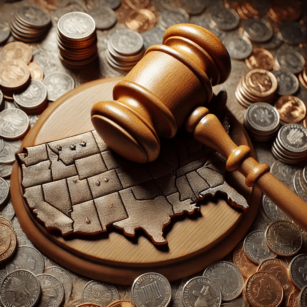 Wooden judge's gavel resting on scattered coins atop faint U.S. map representing probate court costs and filing fees by state.