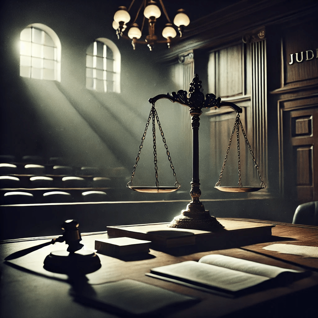 Dimly lit courtroom with spotlighted scales of justice depicting why estates end up in probate litigation.