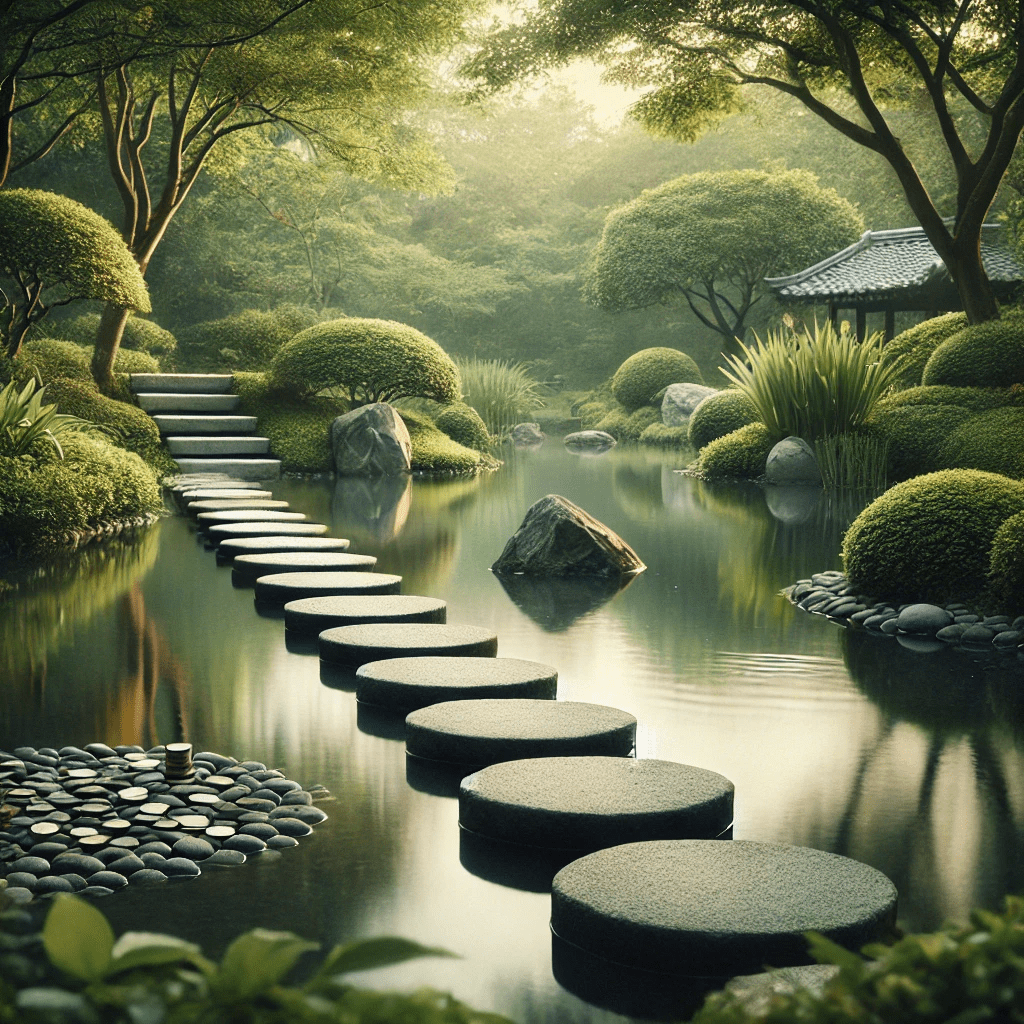 Stone stepping-stones across garden pond leading to coins, visualizing the probate process timeline from petition to payout.