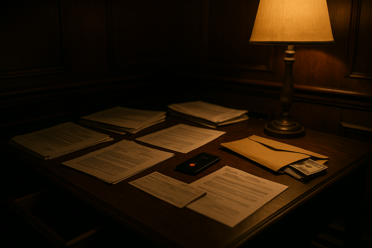 Dimly lit law office desk with legal paperwork, cash envelope, and phone suggesting suspicious probate activity