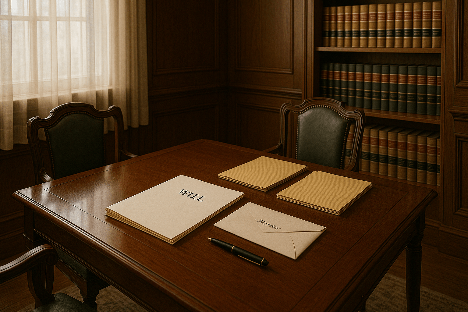 Professional workspace showing estate materials, a sealed folder, and planning tools in a neutral legal setting