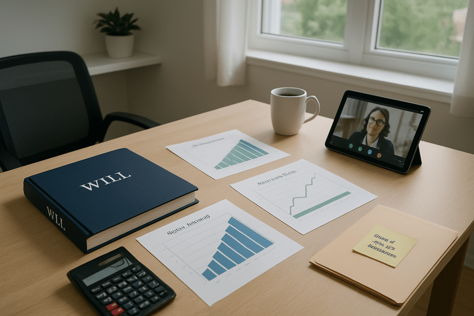 Modern home office with estate planning binder, charts, calculator, and digital tablet for probate decision-making
