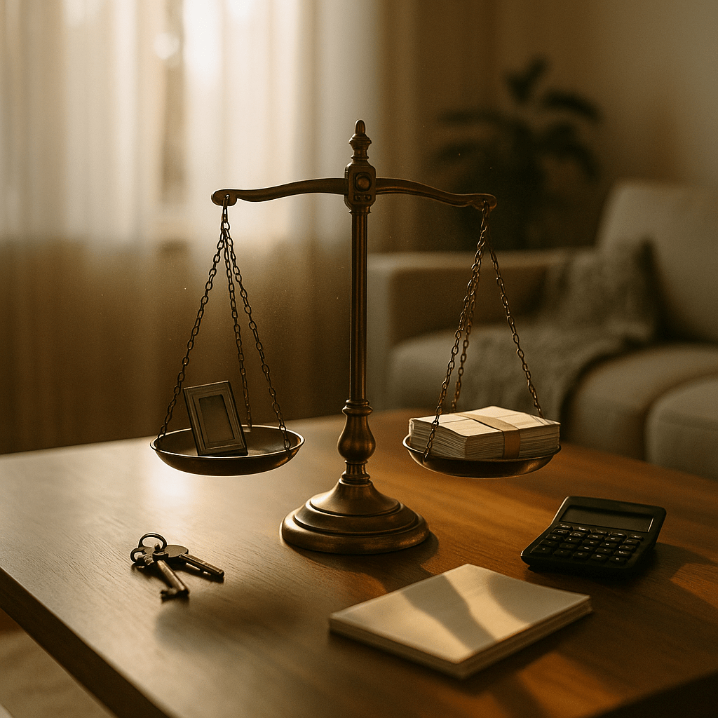 Balance scale weighing house keys against bills illustrates emotional and financial probate funding decisions