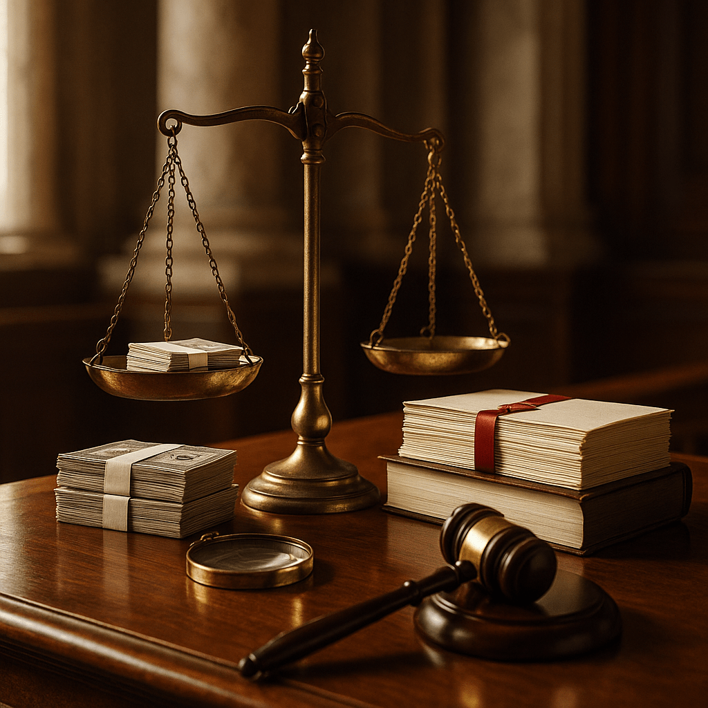 Courtroom table with scales balancing cash and legal documents portraying probate loans funding contested will cases