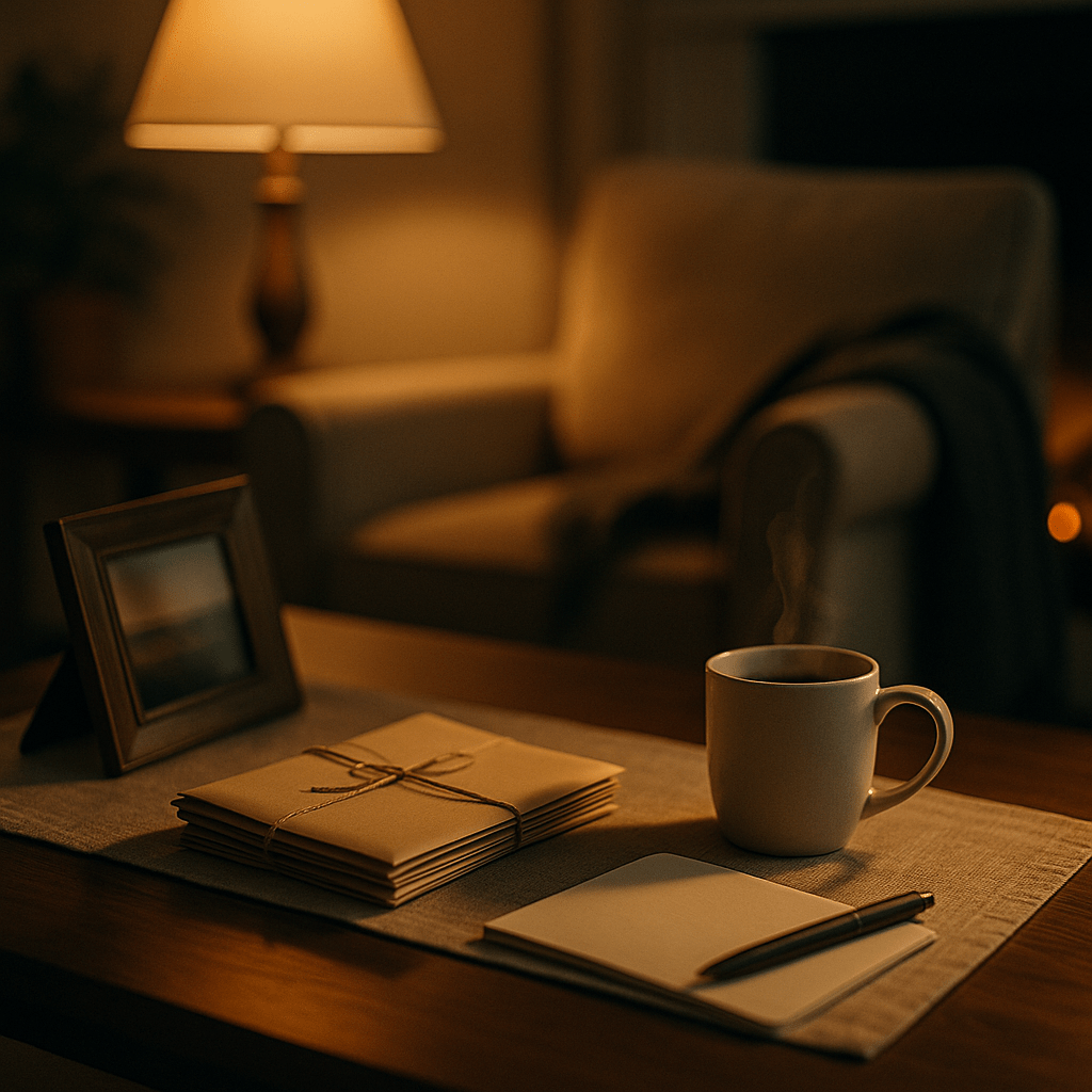 Lamplit living-room coffee table with sealed envelopes, face-down photo and steaming mug—illustrating grief and finances while settling an estate