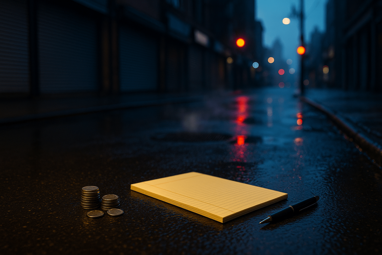 Blue-hour urban street with coins, upside-down legal pad and pen on wet asphalt—evoking inheritance advance liquidity strategies during a recession