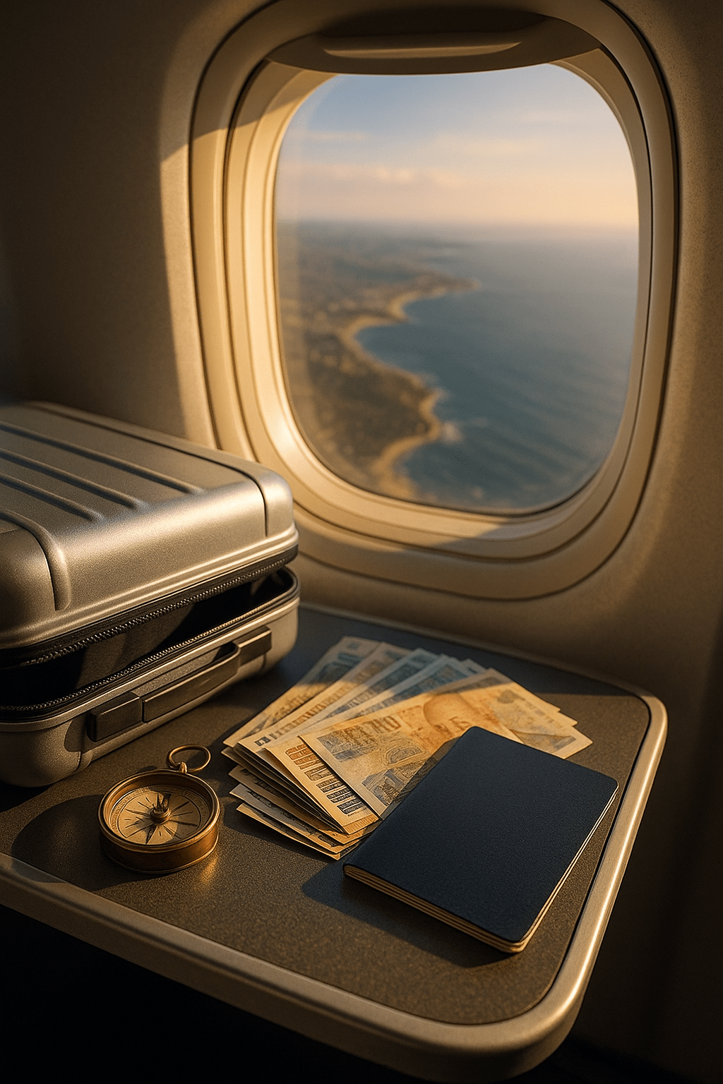 Travel scene symbolizing inheritance advances for heirs living abroad with passport, currencies and suitcase in airplane window light