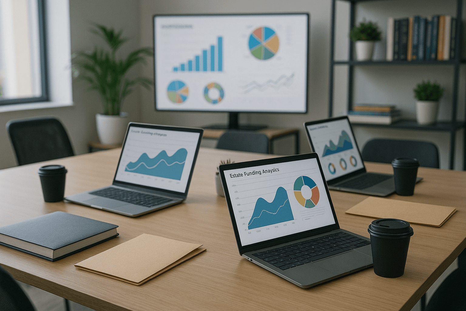 Contemporary fintech meeting room with laptops showing estate funding analytics and a digital whiteboard displaying colorful charts