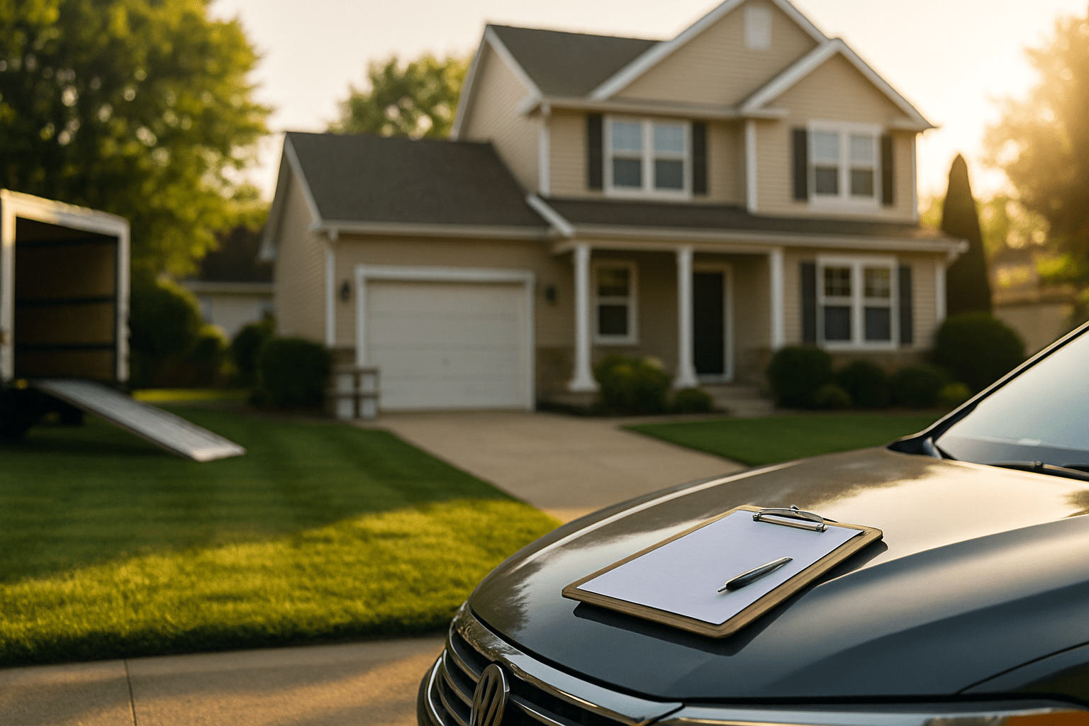 Suburban house at golden hour with moving truck ramp, paint cans and clipboard—visualizing inheriting a house with a mortgage and the keep-sell-refinance decision