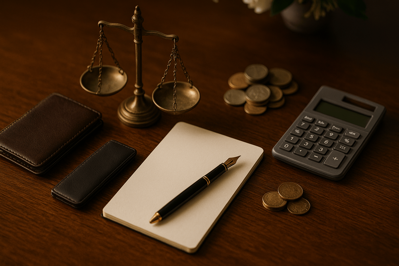 Mahogany tabletop still life of brass balance scale, coins and closed checkbook—capturing parents’ debt versus your inheritance creditor-claim concerns