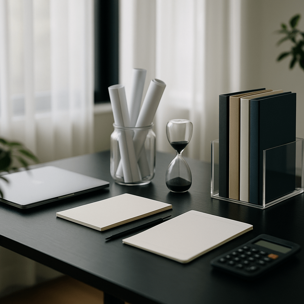 Meticulous modern home office with laptop, notepad and hourglass—symbolizing planning for an expected inheritance before the check arrives
