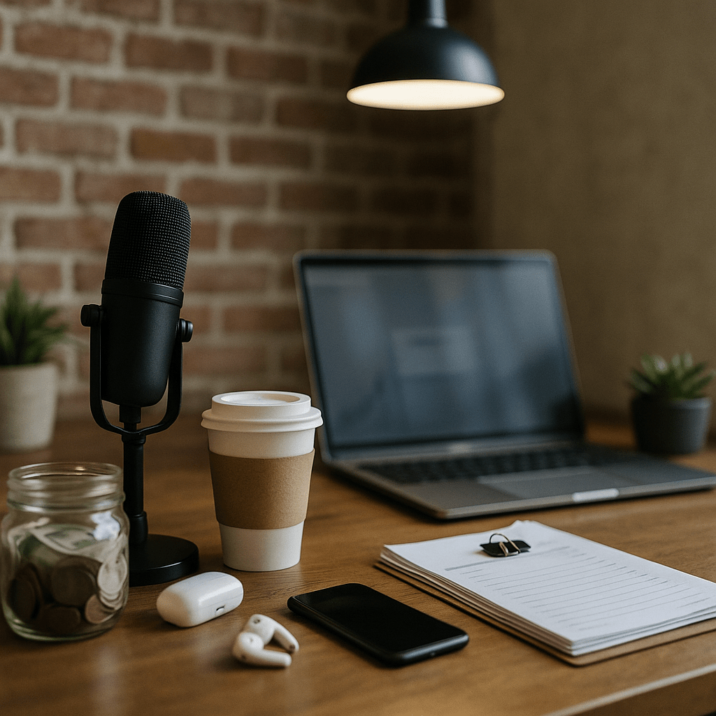 Probate funding gig economy freelancers coworking laptop microphone invoices