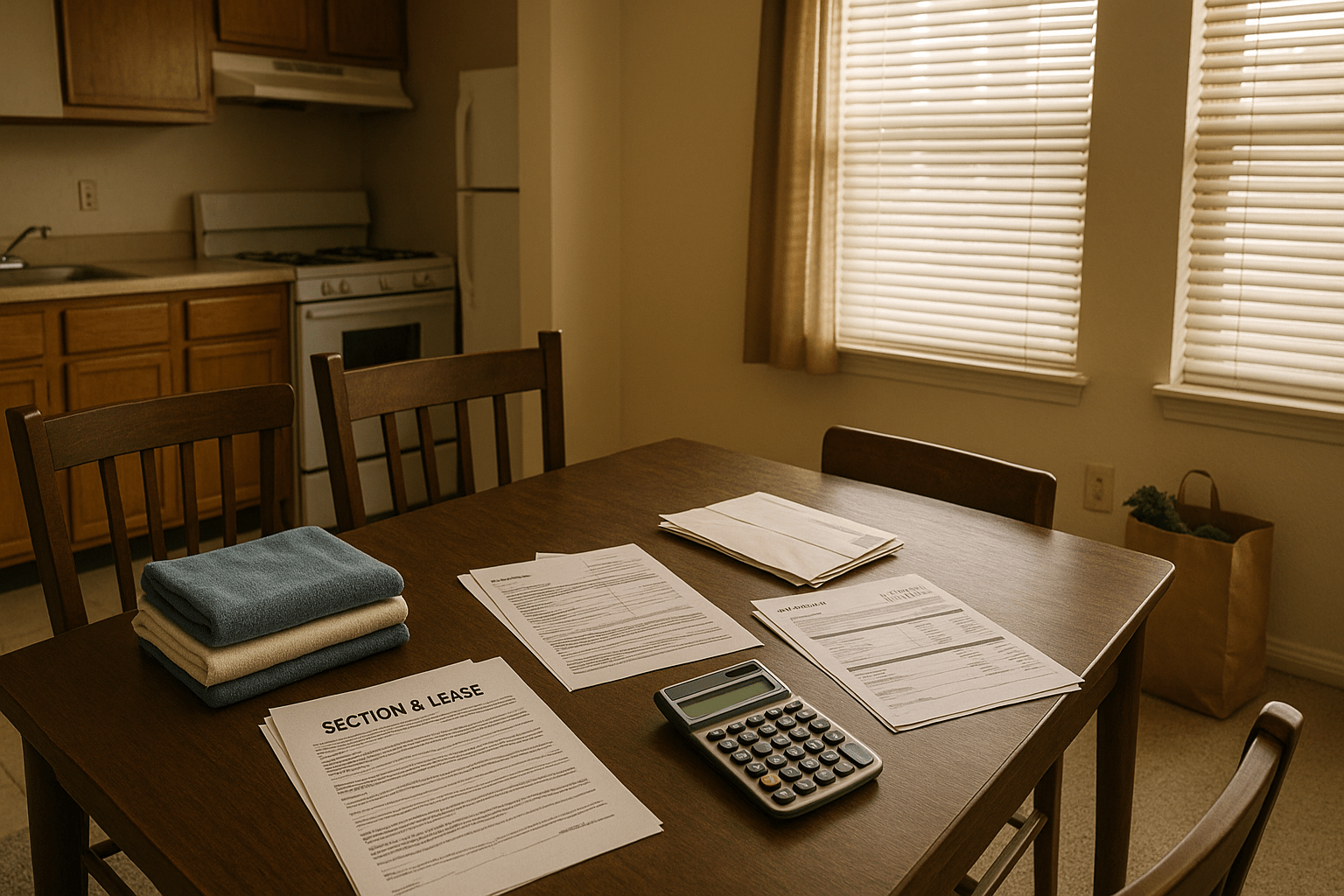 Organized home workspace with estate documents, financial graphs, and a quiet atmosphere for reviewing housing benefit implications