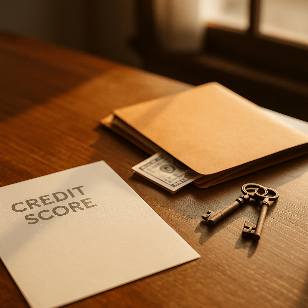 Desk with currency notes, antique keys, and folder symbolizing probate loans for individuals with bad credit