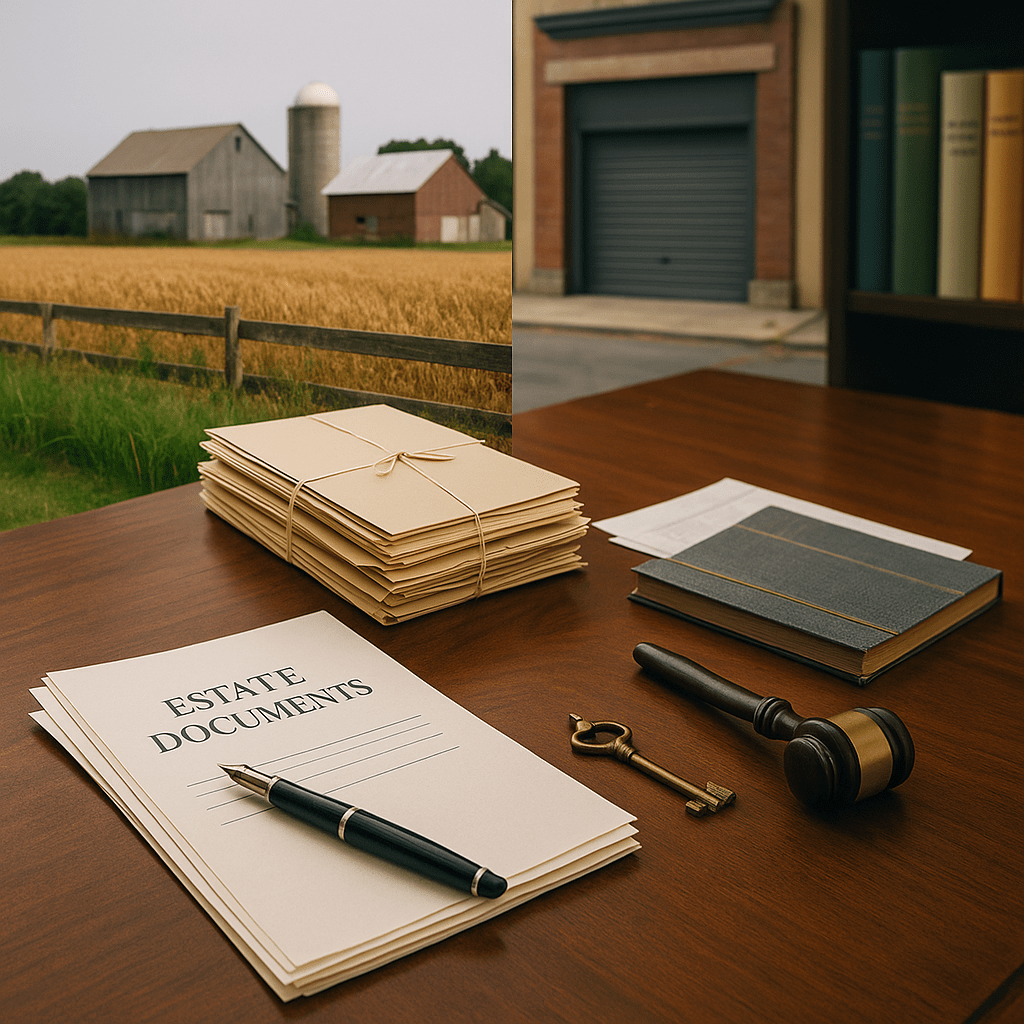 Farm, business storefront, and estate documents representing complex assets in inheritance advances