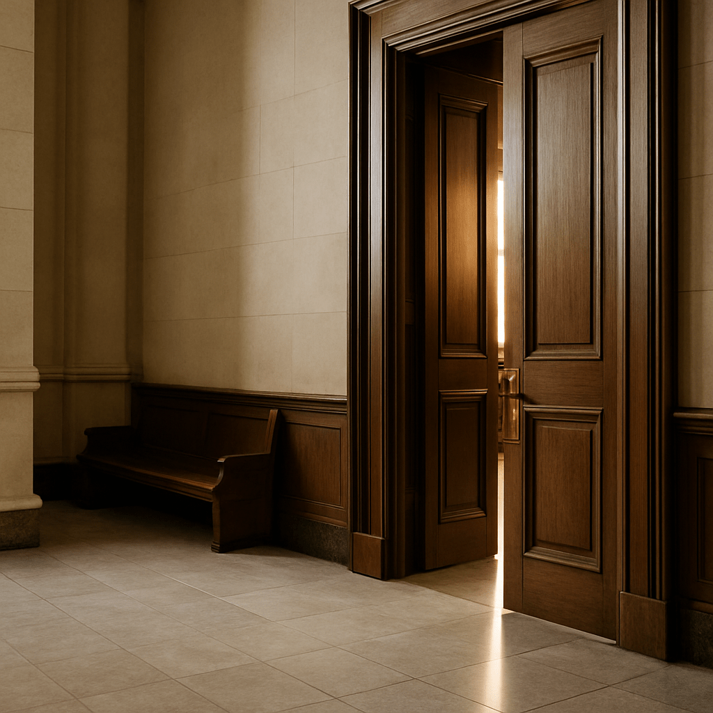Courthouse hallway with wooden doors and marble floors symbolizing court approval in probate funding