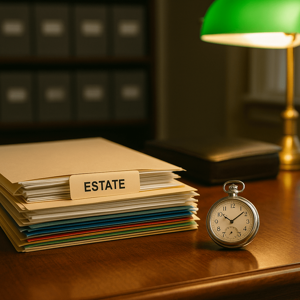 Organized executor workspace with estate files for probate management