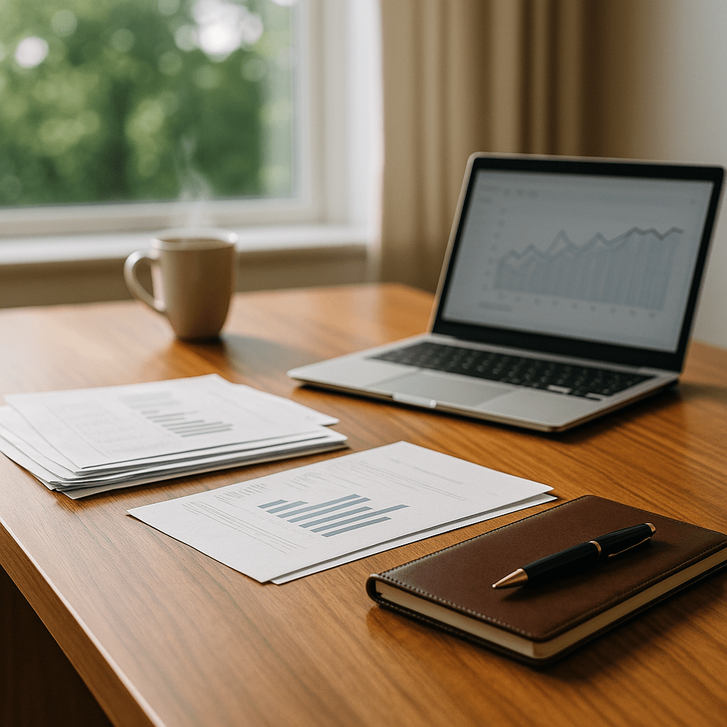 Office desk with financial documents and laptop representing strategic probate funding planning