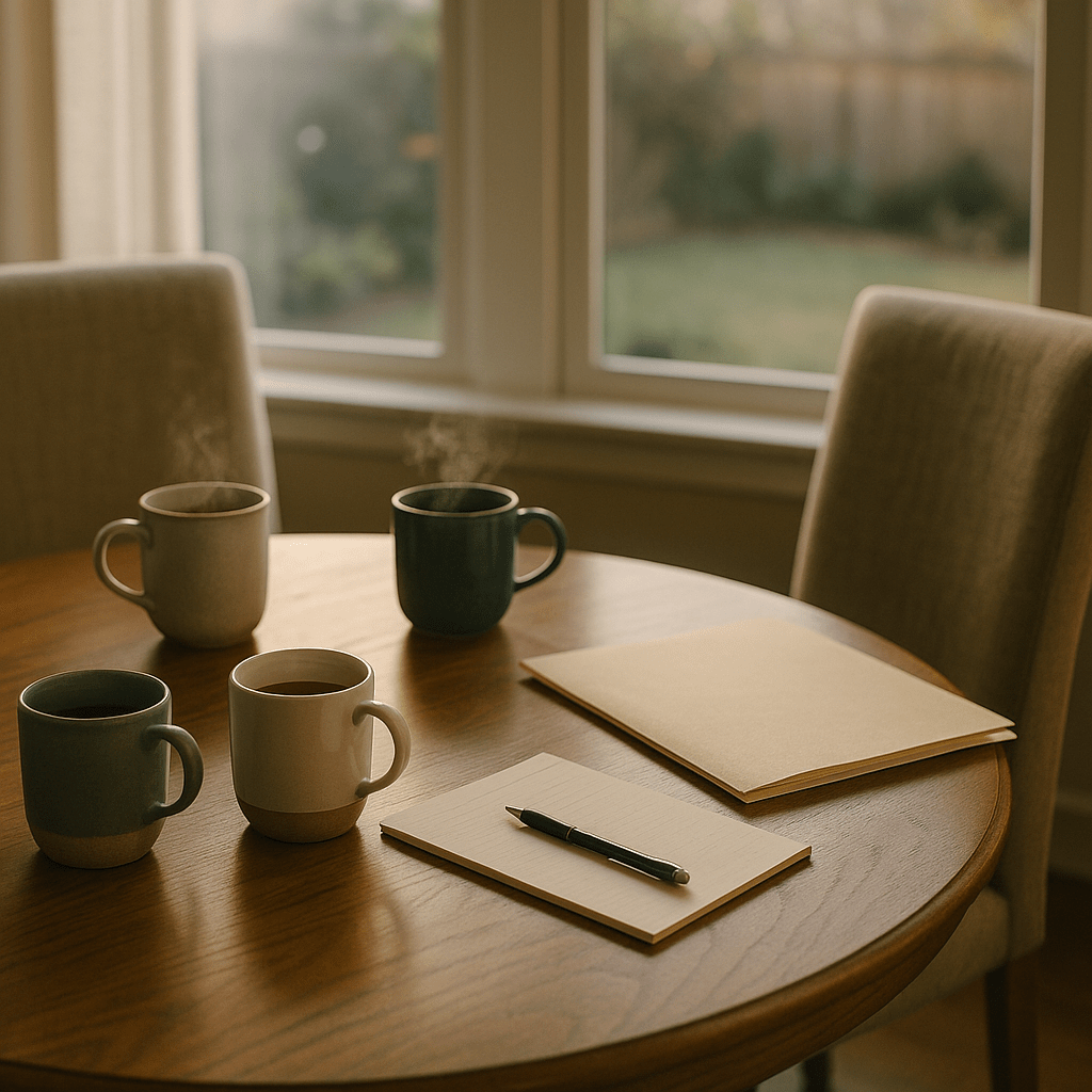 Coffee mugs and blank documents on kitchen table suggest open family discussion about probate funding