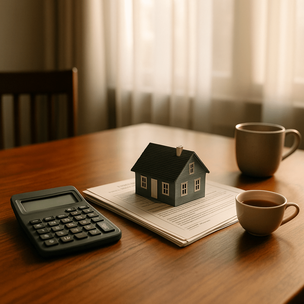 Home office with property papers and model house symbolizing estate debt repayment without selling assets