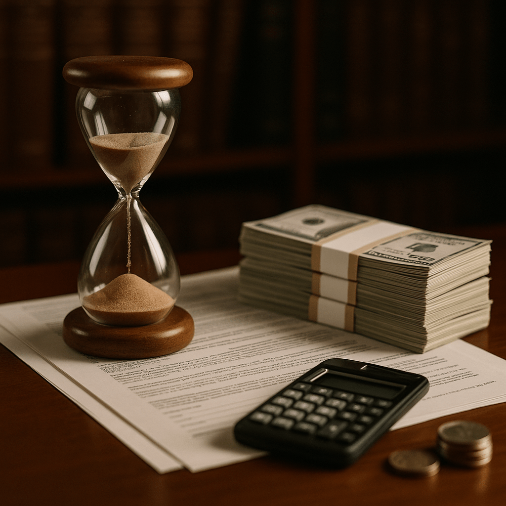 Hourglass and cash stacks representing probate delays versus inheritance advances