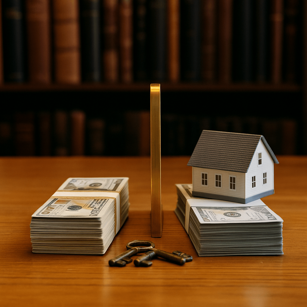 Table with separated stacks of currency symbolizing the legal difference between a loan and a purchase in probate funding