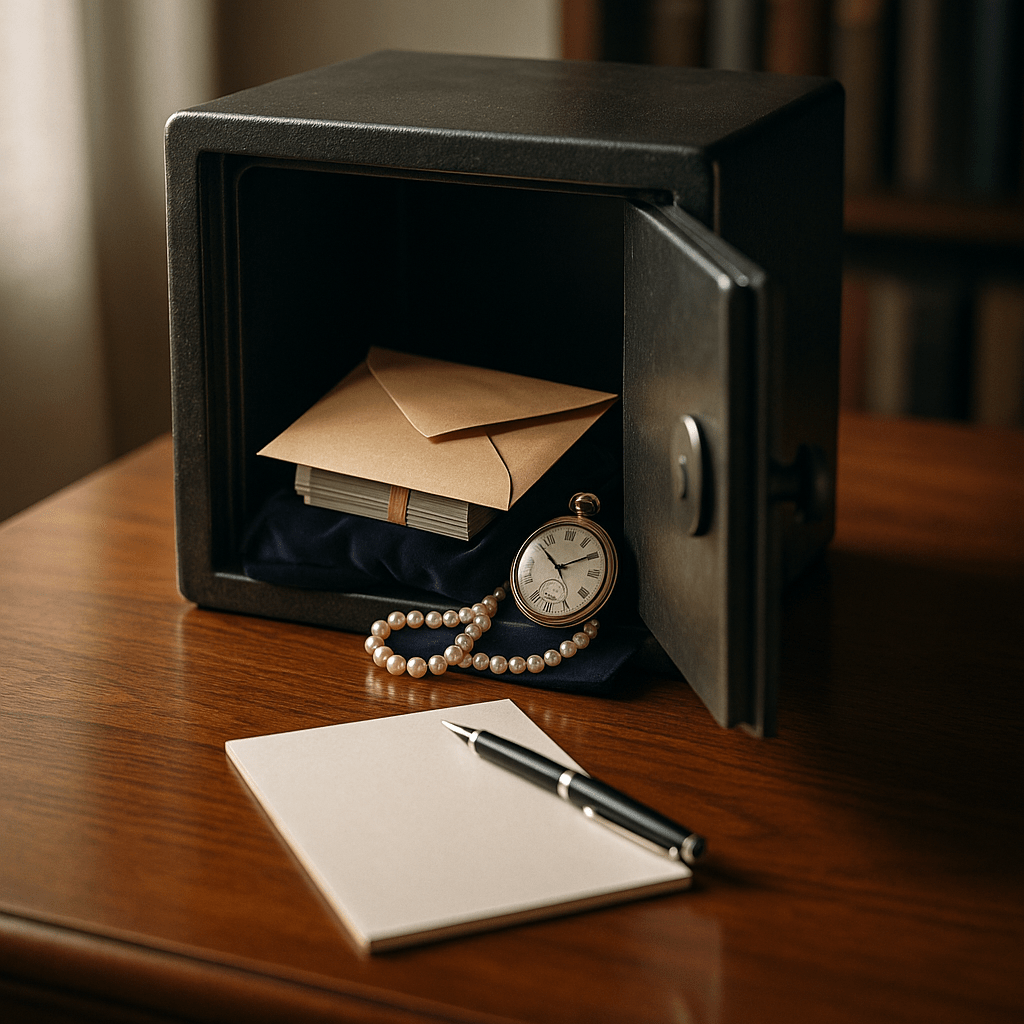 Open safe revealing cash envelope and heirlooms portrays responsible inheritance advance without shame