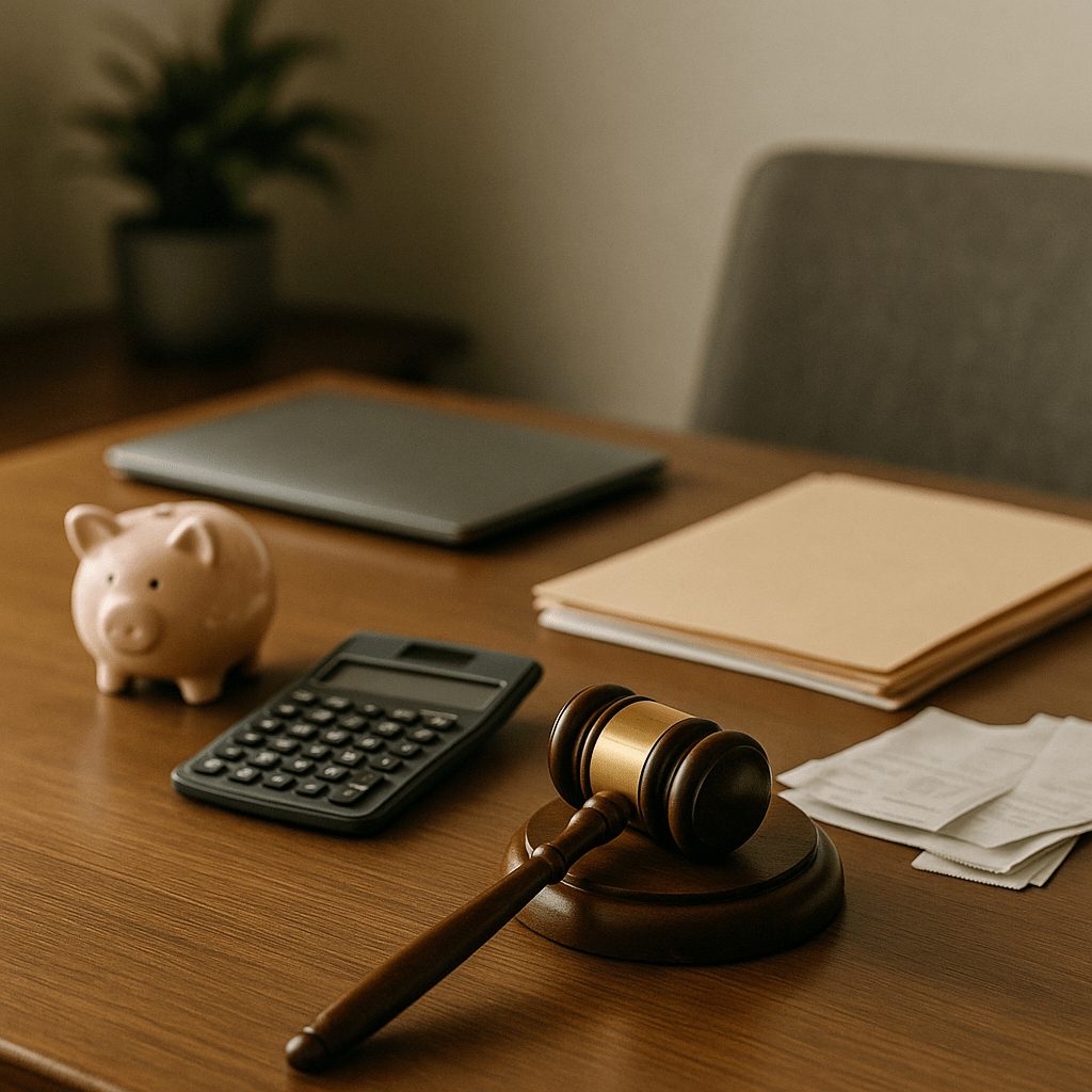Desk with calculator, piggy bank, and gavel symbolizes executors using probate funding to reduce financial risk