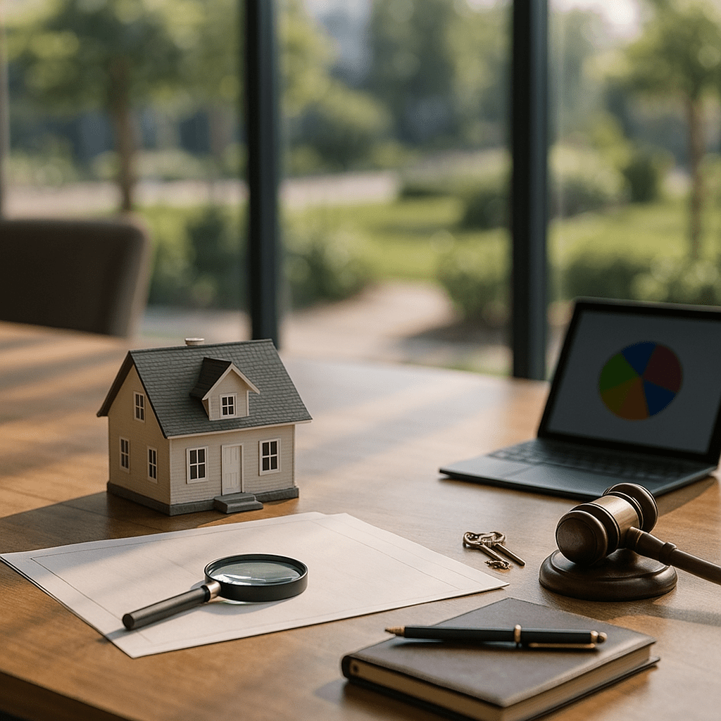 House model, blueprint, and tablet on boardroom table depict trustees evaluating probate funding options in complex estates